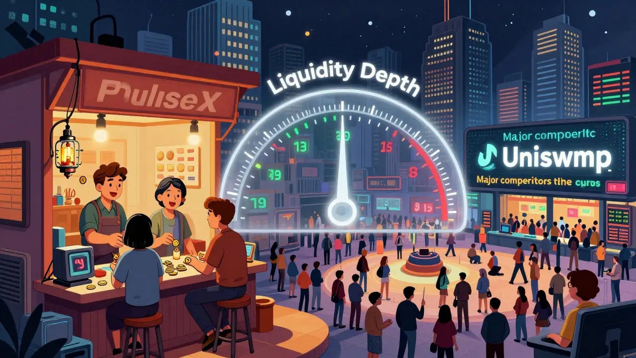 Cartoon comparing PulseX's low liquidity to major exchanges' deep markets