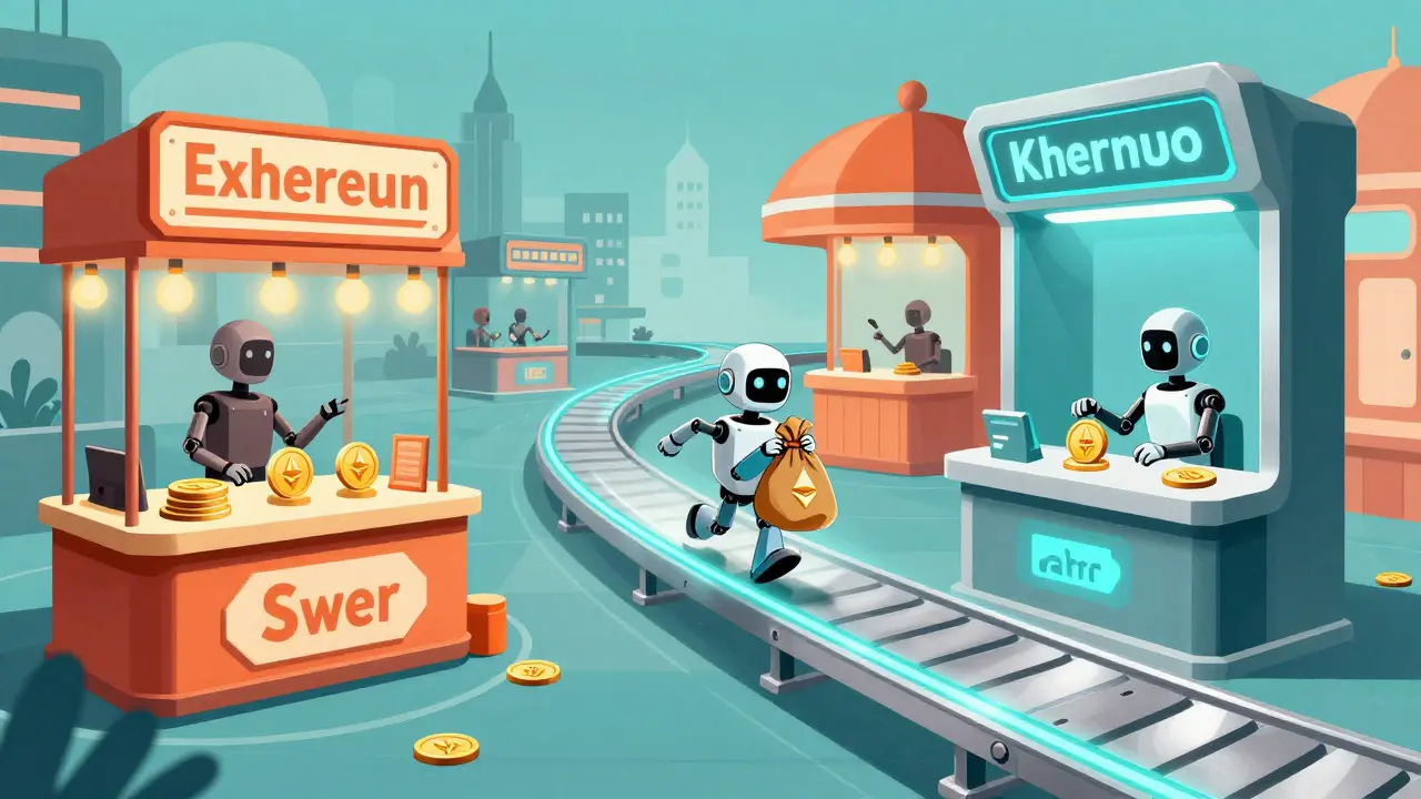 Cartoon illustration of arbitrage between two exchanges via conveyor belt