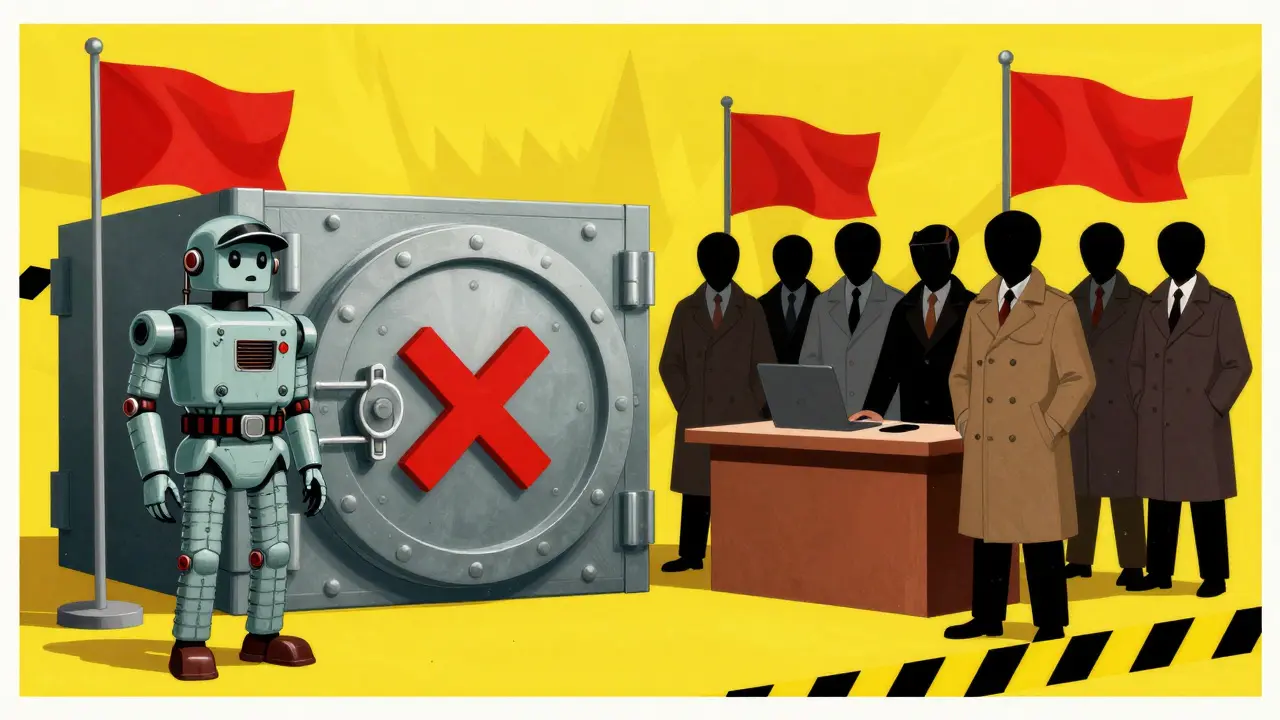 Cartoon red flags showing locked vault and anonymous figures