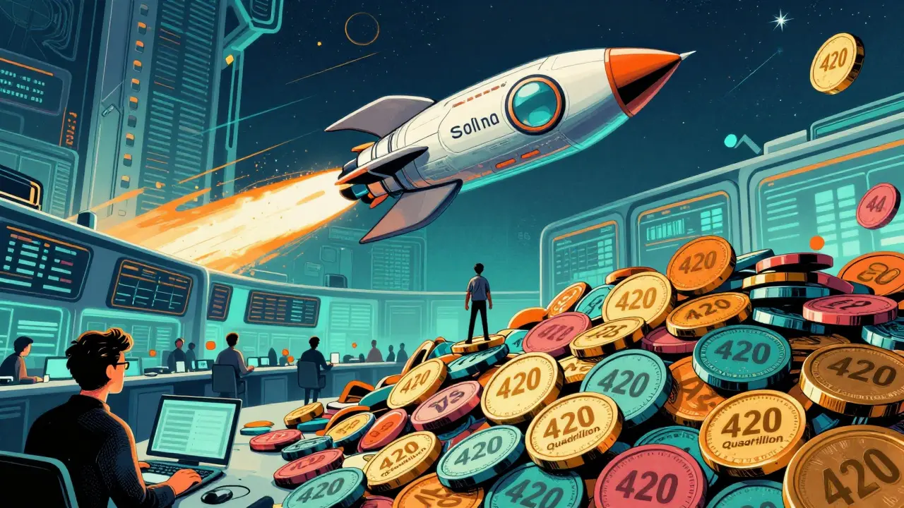 Comparison illustration: small trader vs launching Solana rocket in retro style