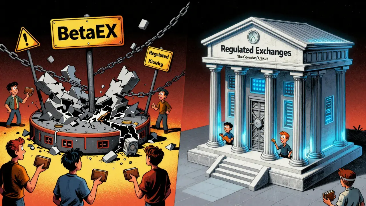 Contrast between a crumbling scam platform and a secure regulated exchange