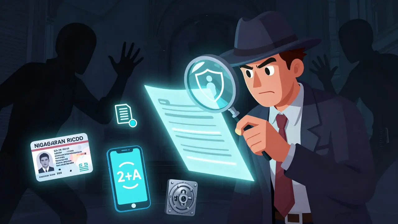 Detective inspecting crypto security with magnifying glass