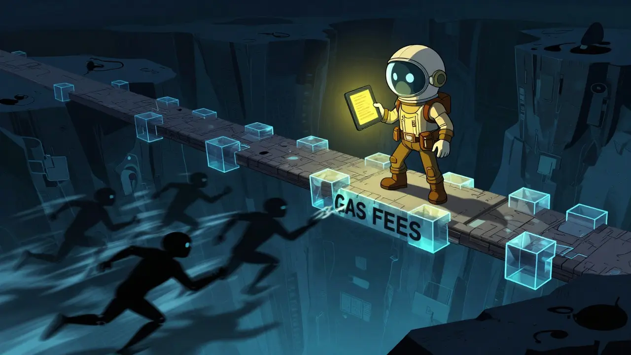 Developer navigating gas fee risks in retro-futuristic blockchain landscape