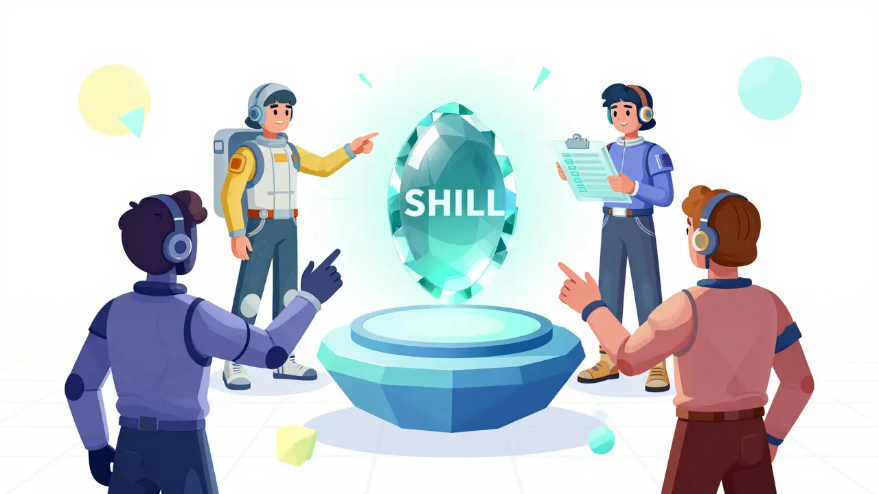 Floating crystal token surrounded by questing avatars