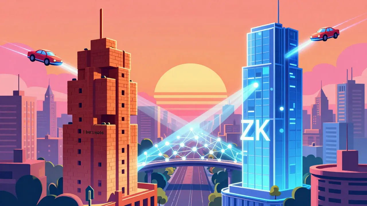 Futuristic city merging traditional and glass blockchain architectures