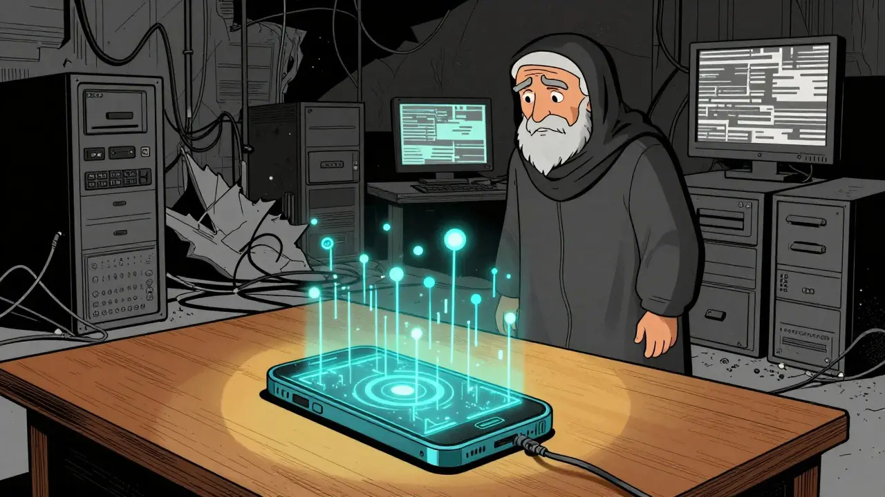 Futuristic tech devices amidst broken infrastructure and confused user