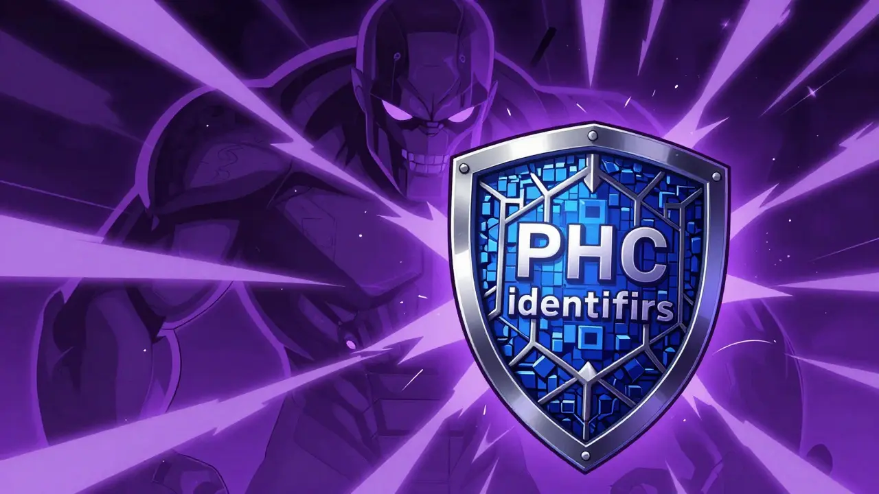Geometric shield blocking quantum threat in retro-futuristic art