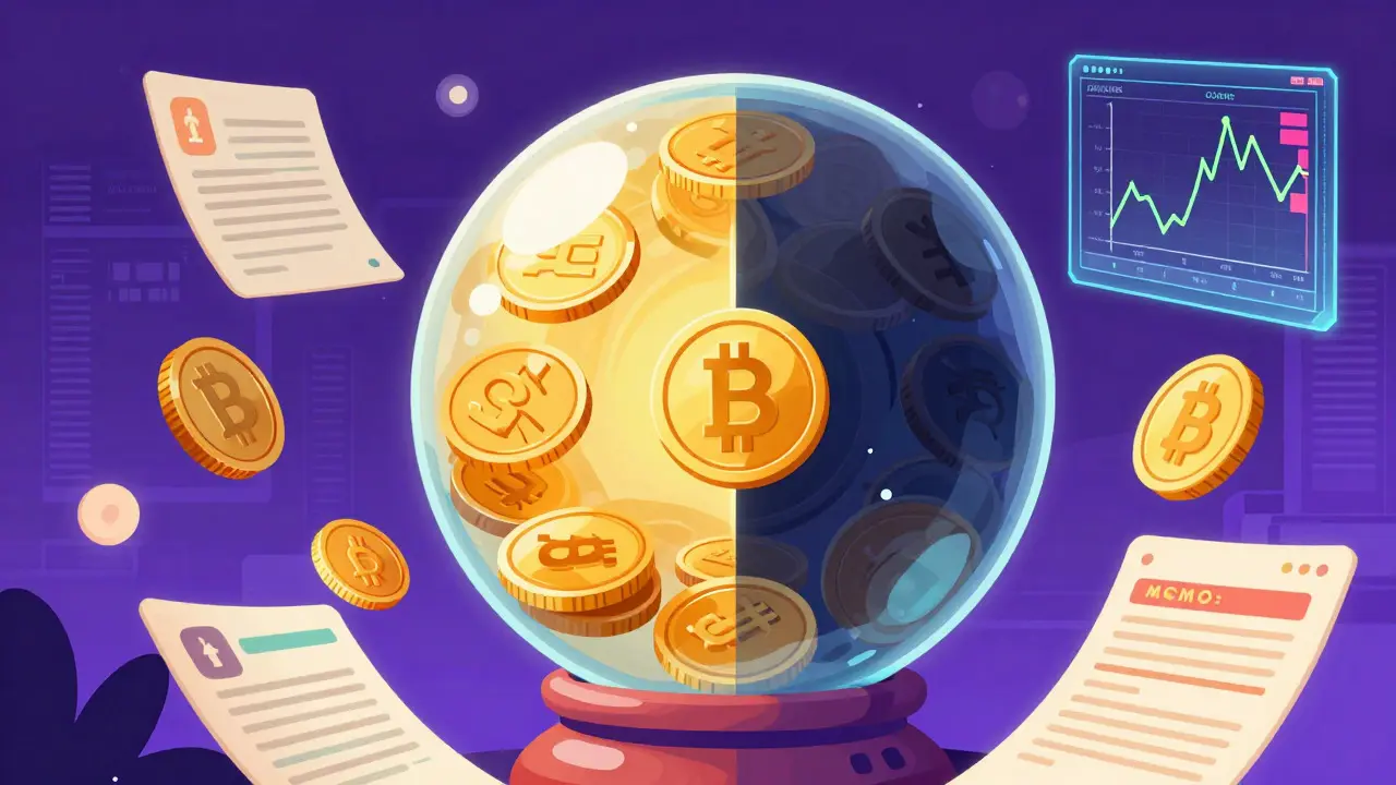 Glass sphere with coins representing crypto tokenomics and volatility
