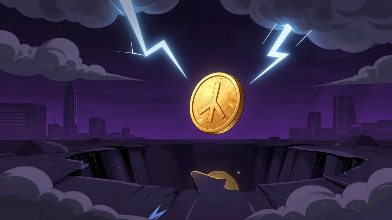 Gold crypto token plummeting into a stormy abyss in retro-futuristic art