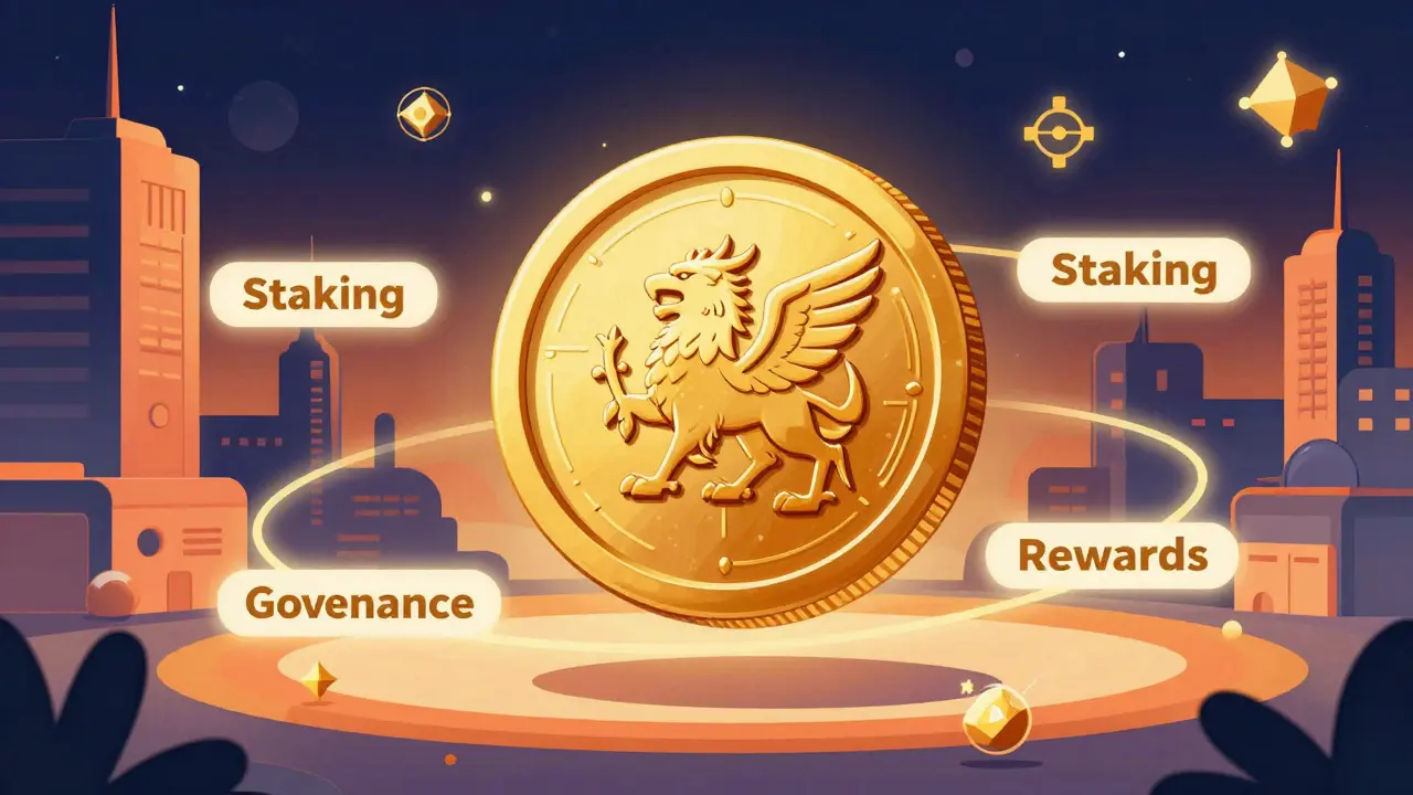 Golden GGX crypto token floating with orbiting reward rings in cartoon style