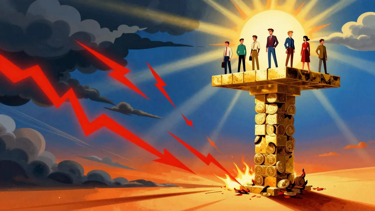 Golden pillar made of burned tokens supporting investors against storm