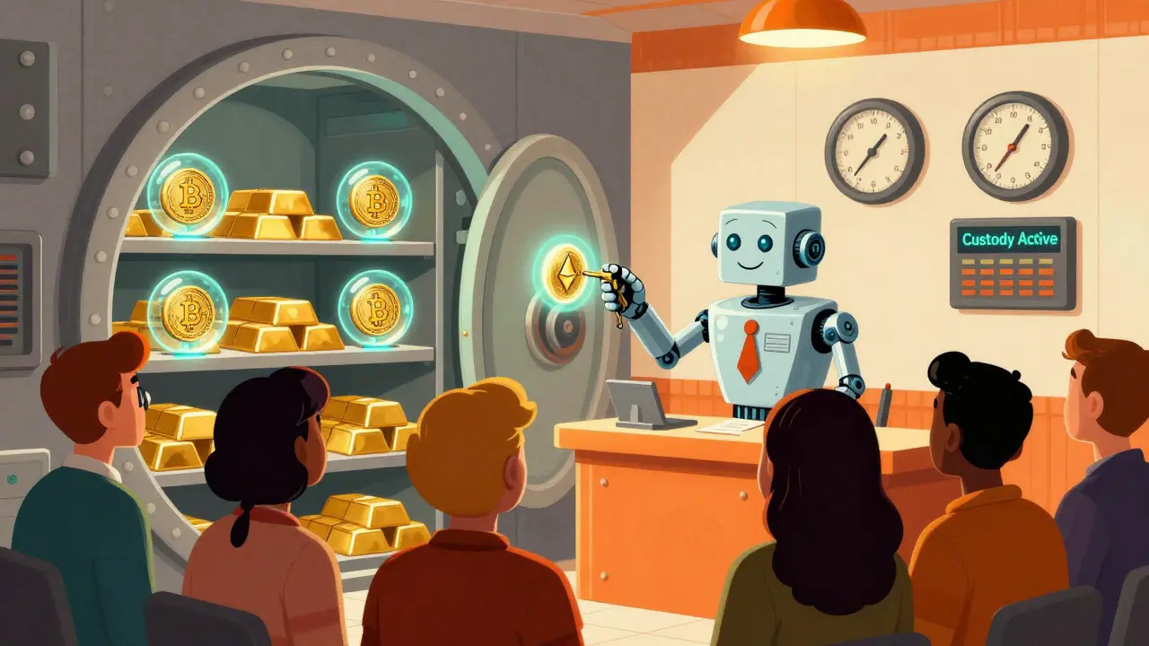 Illustration of a retro-futuristic bank vault storing glowing crypto tokens safely.