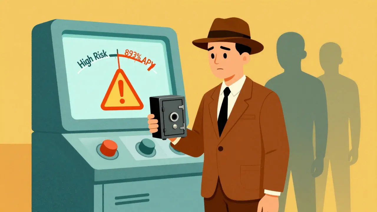 Investor checking risk gauges on a retro control panel with warning signs