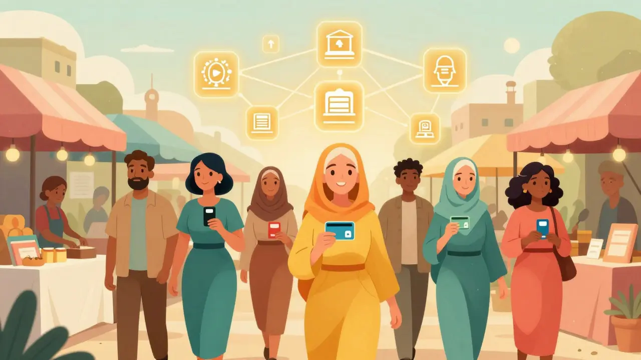Refugees using digital payments in a connected, safe market scene
