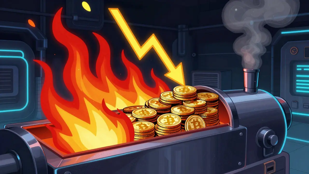 Retro-futuristic furnace burning crypto tokens to reduce supply