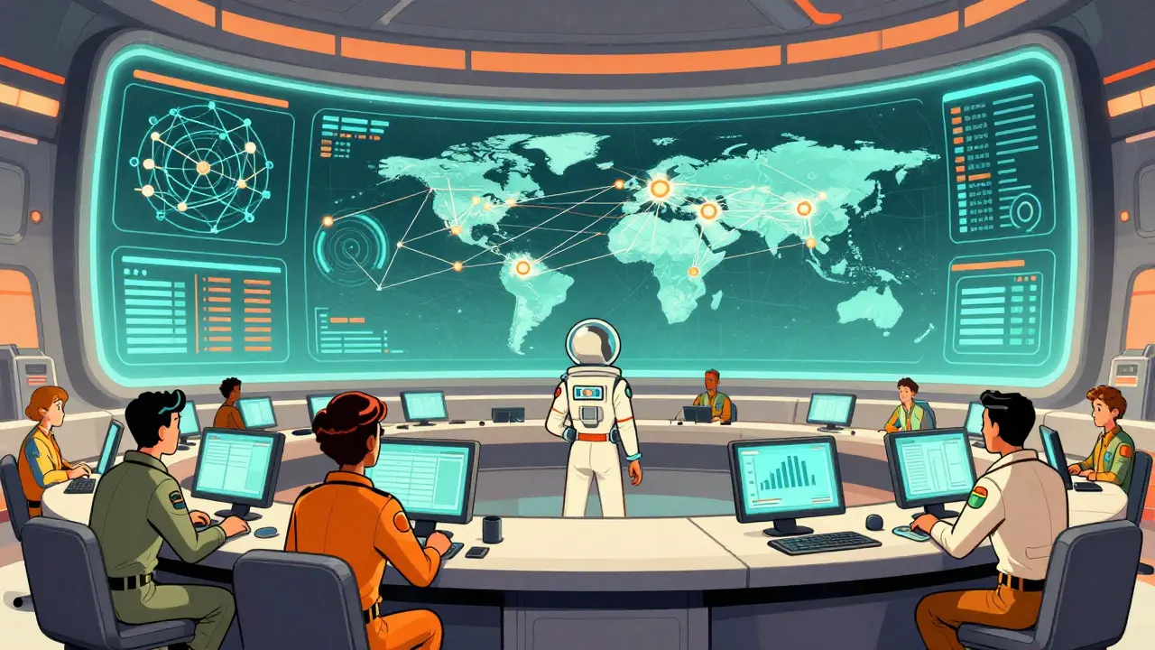 Retro-futuristic security team monitoring blockchain networks on screens