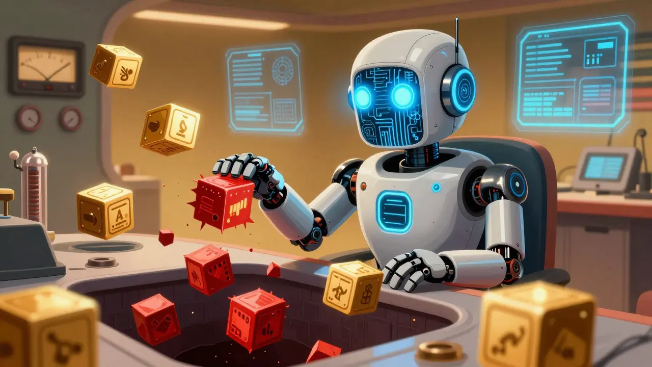 Robot AI catching fraudulent data cubes in a retro-futuristic scene