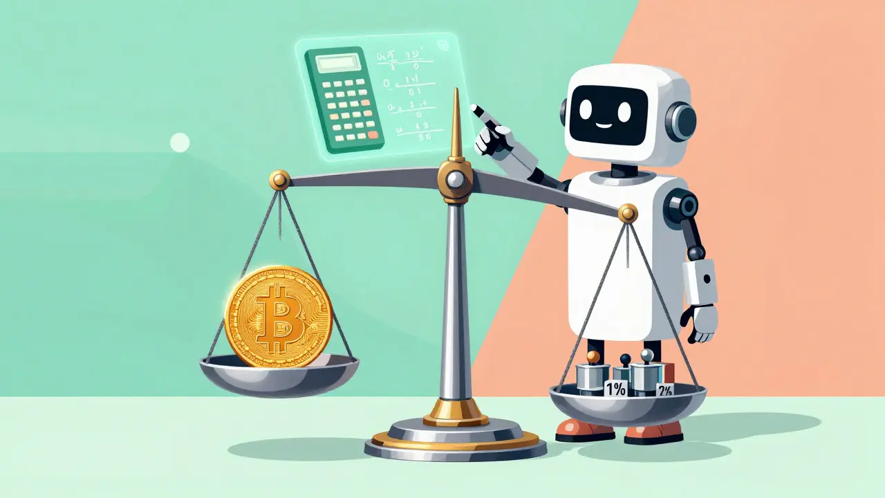 Robot assistant explains position sizing with a balance scale and holograms.