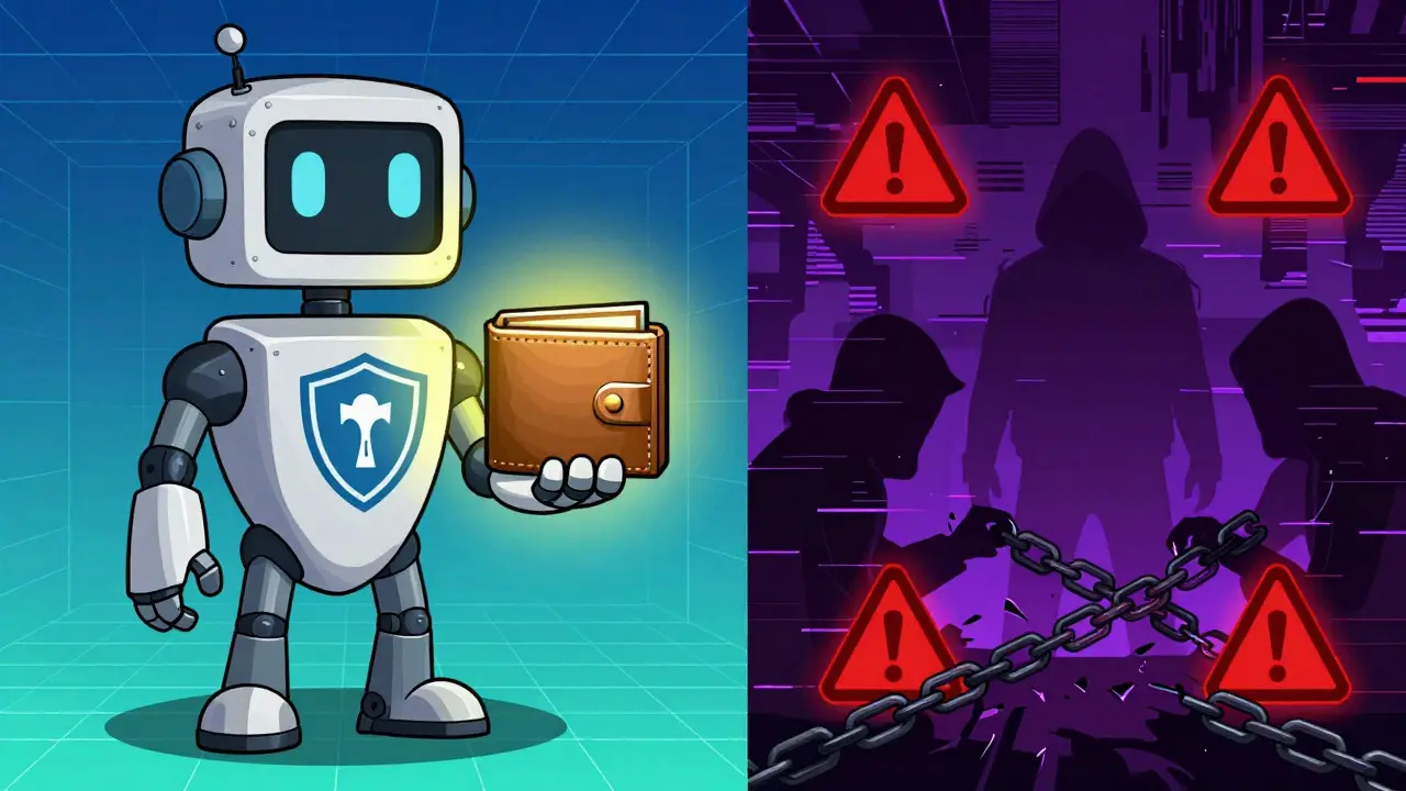 Robot guide protecting wallet from shadowy hacker figures
