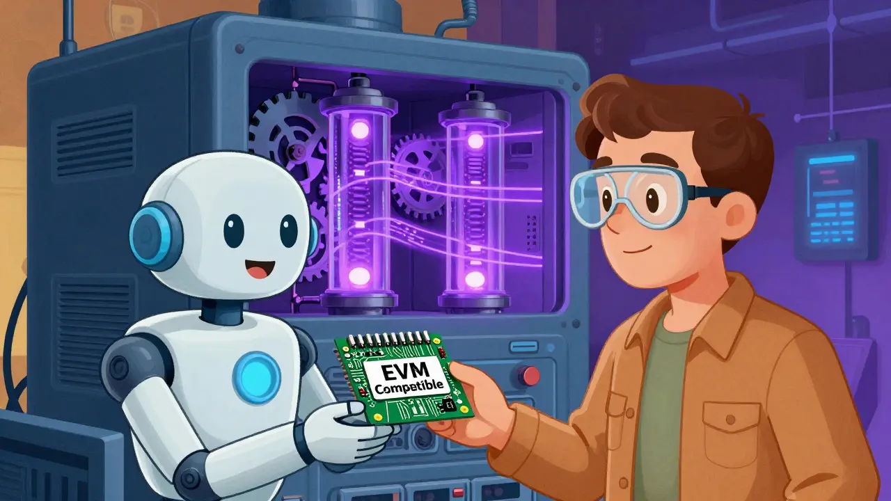 Robot handing easy code block while supercomputer processes proofs