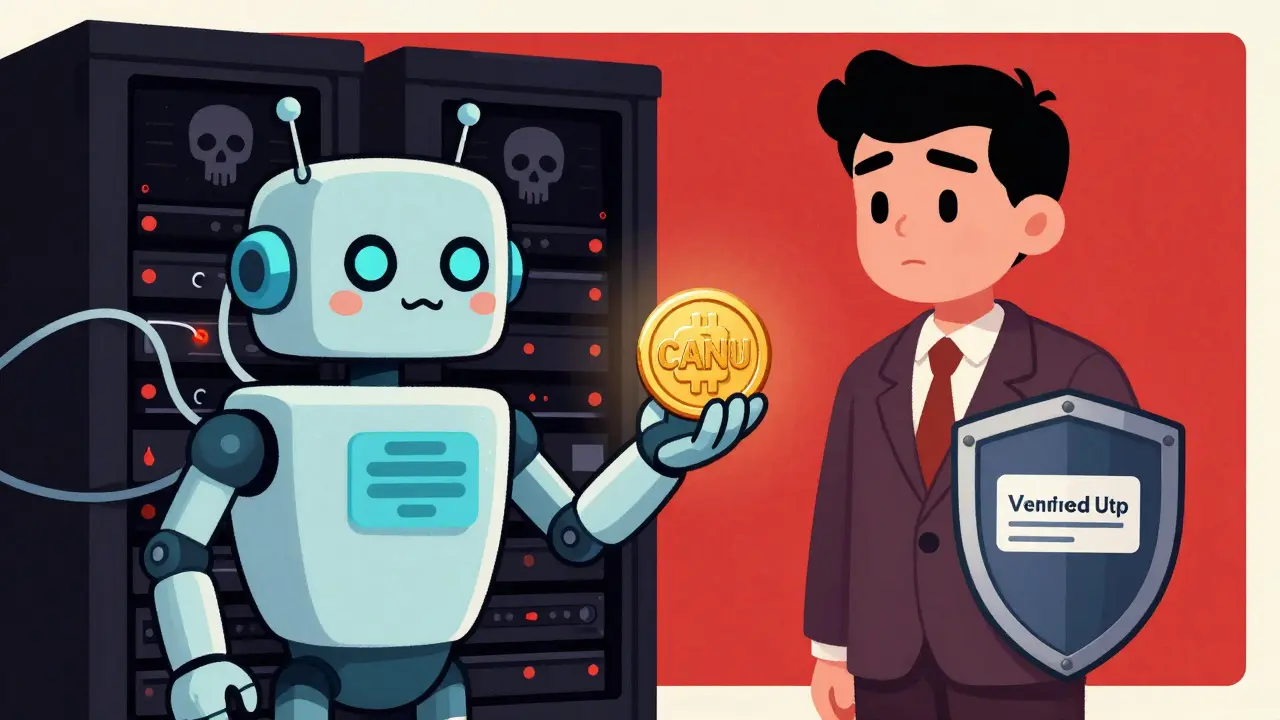 Robot offering a token to a user while hiding scam wires in shadows