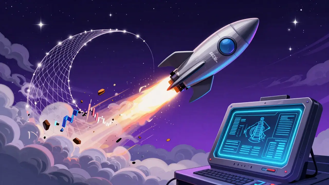 Rocket ship soaring with a protective trailing stop net in a neon sky.