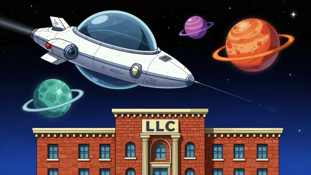 Sci-fi illustration of cross-chain DAO operations grounded in legal structures