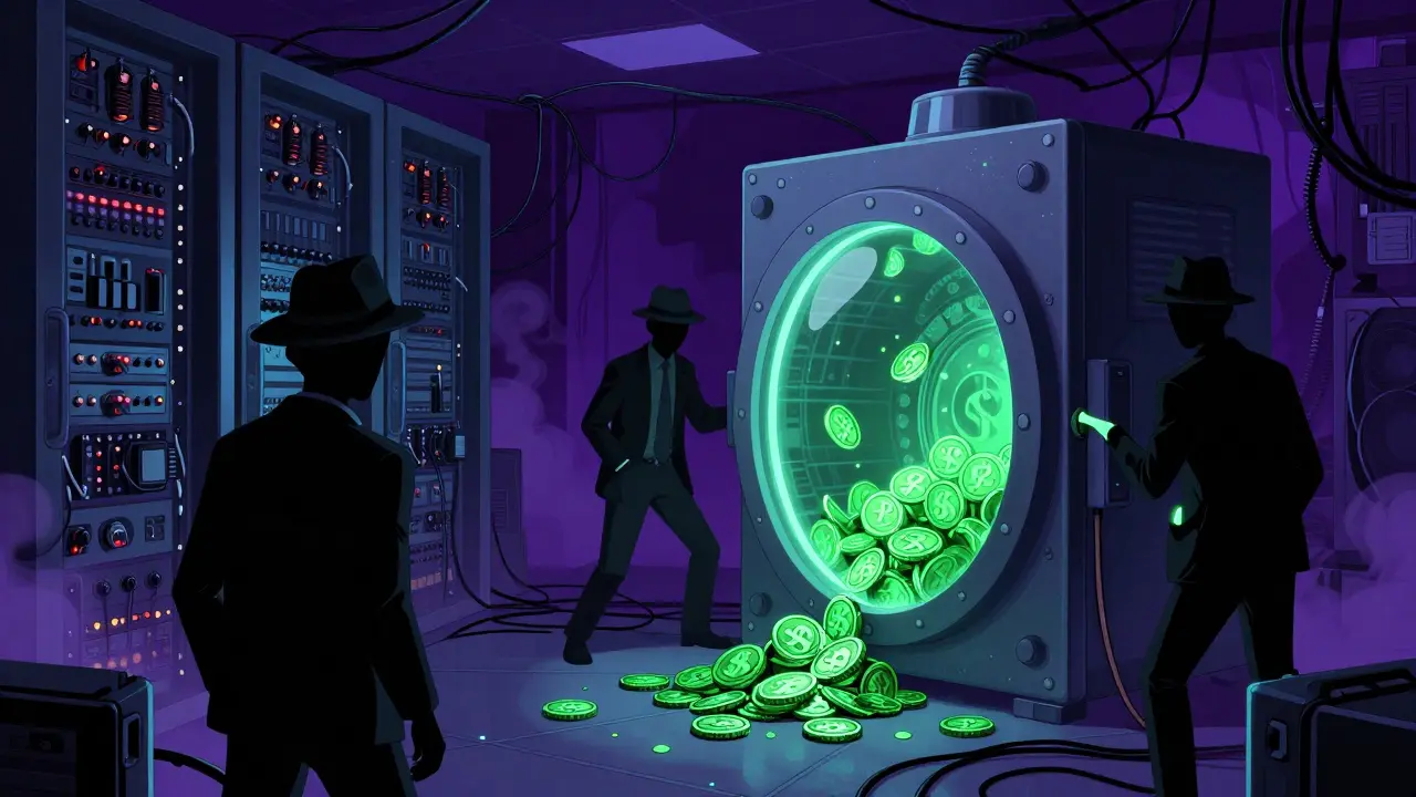 Shadowy figures stealing digital coins from a vault in a retro server room