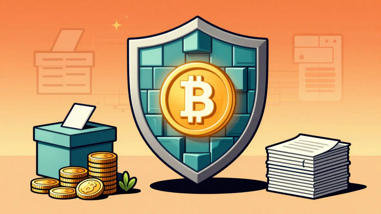 Shield protecting glowing token with governance symbols in retro style