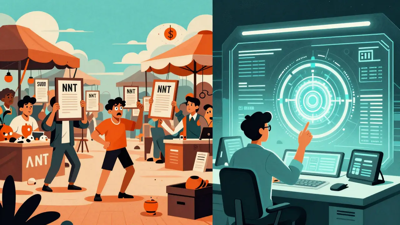Split illustration contrasting chaotic markets with sleek SUDO governance hub
