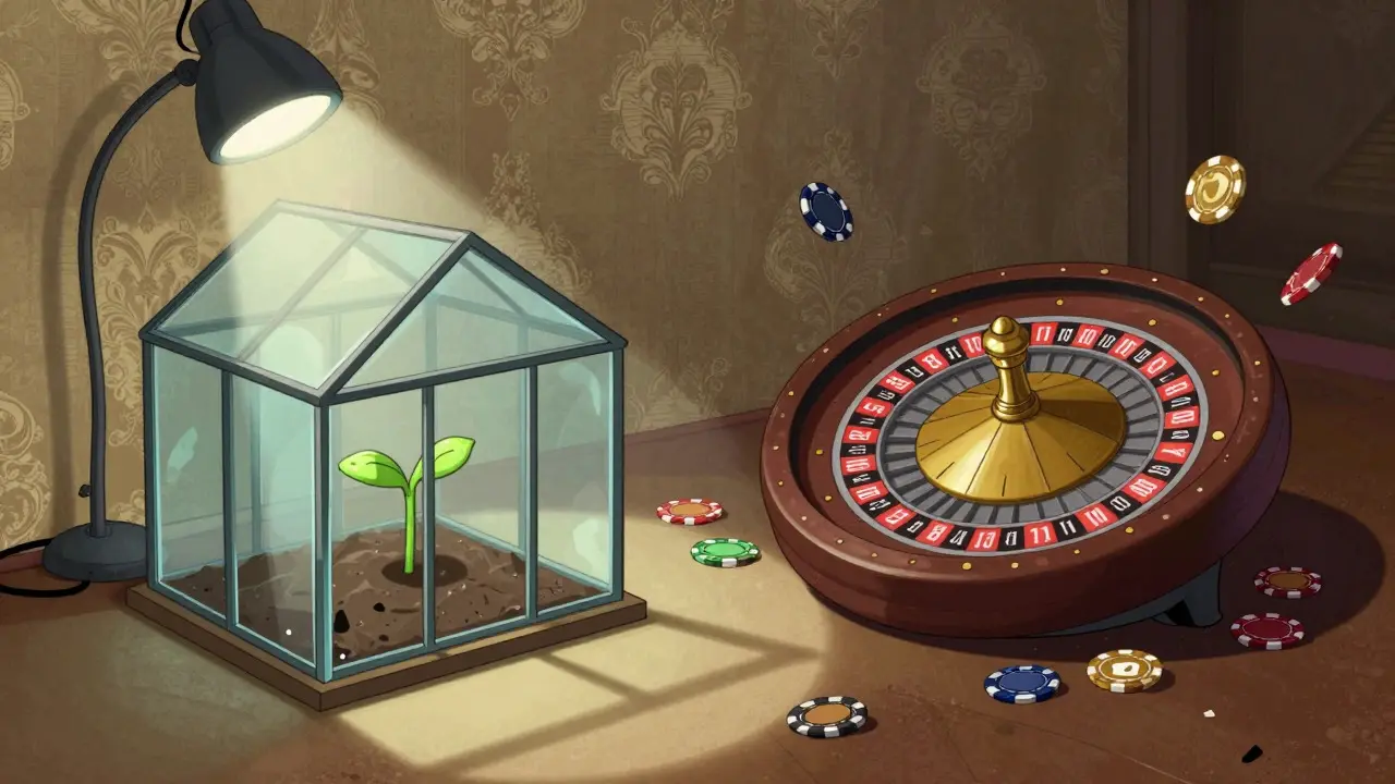 Split scene of fragile plant and spinning roulette wheel in retro style