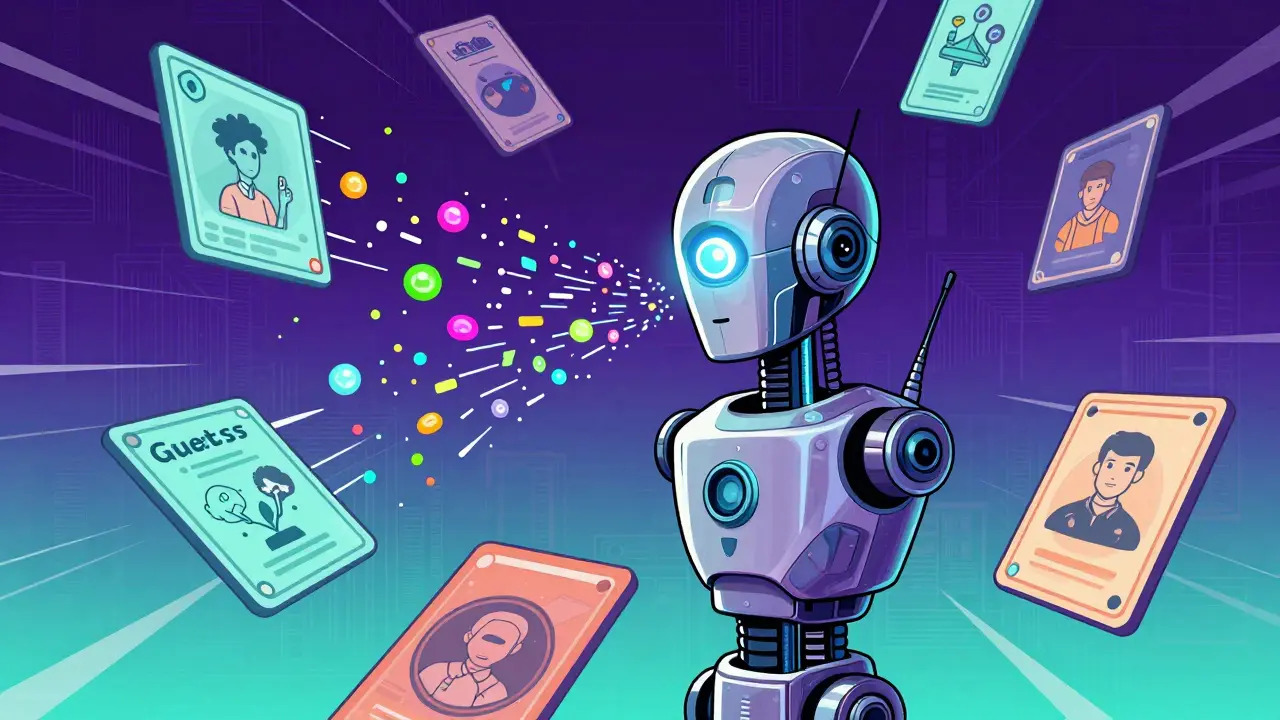 Stylized AI robot head curating digital quests in retro-futuristic art