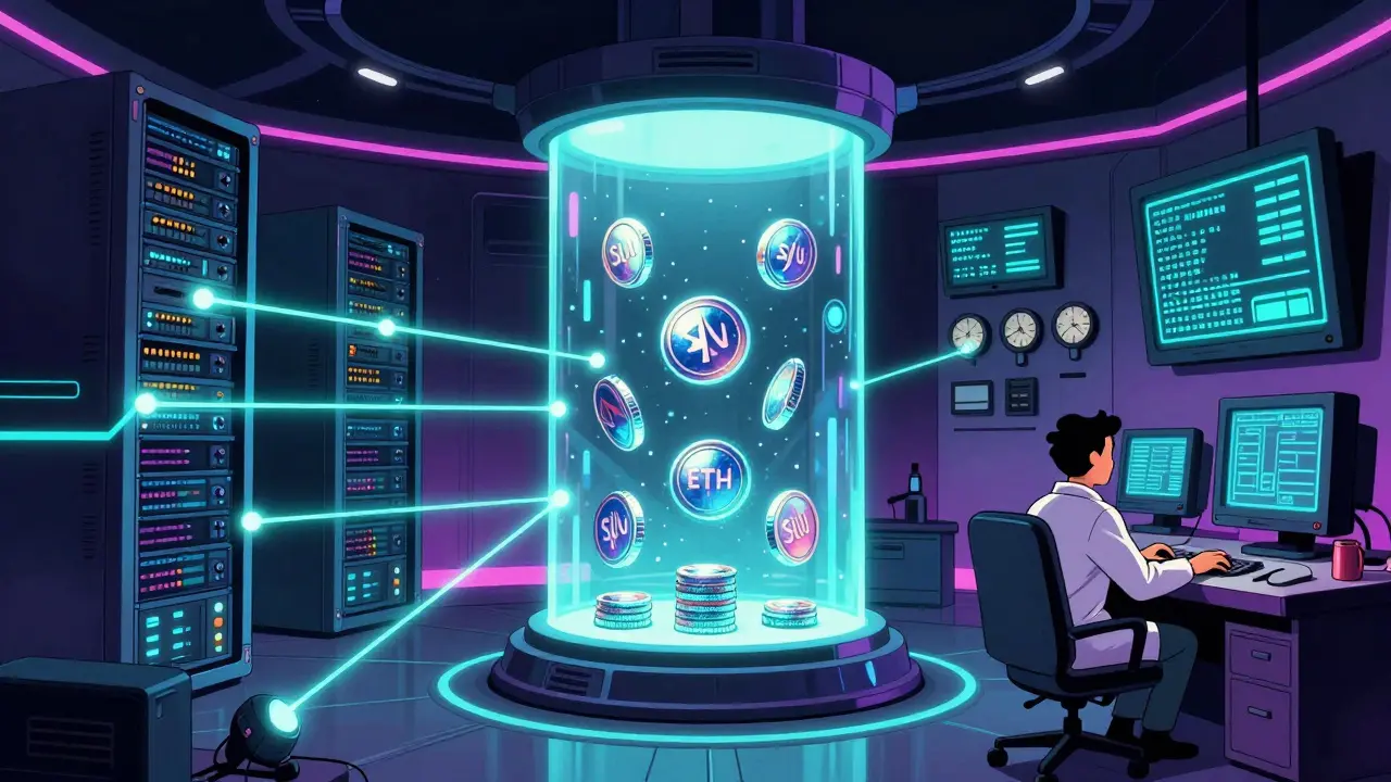 Stylized high-tech crypto vault with floating servers and security lasers in retro style.