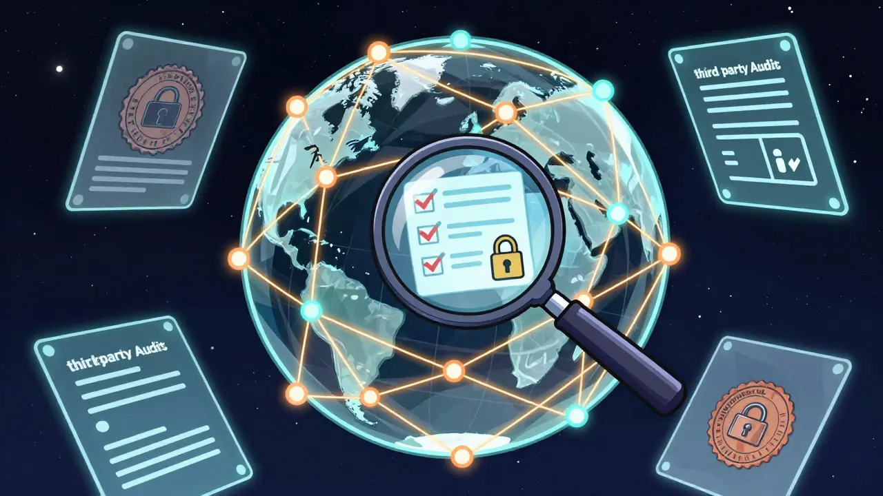 Transparent globe with glowing network nodes and audit seals inside