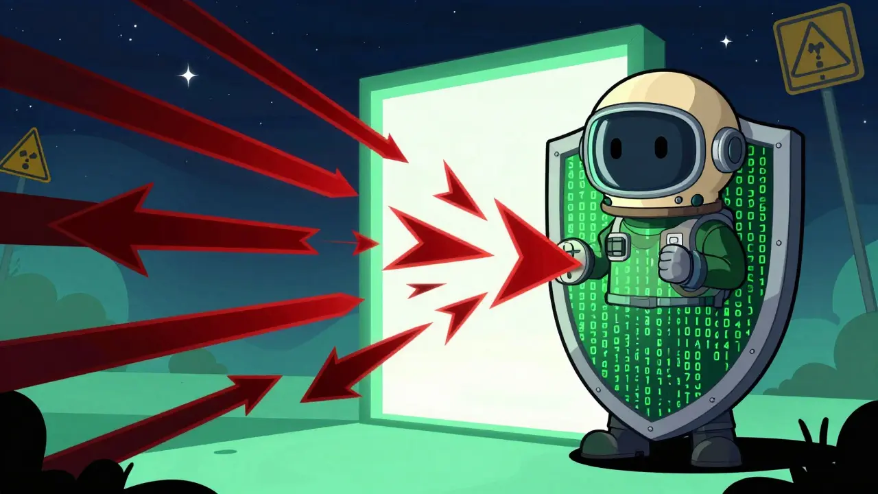 User blocking crypto scam attacks with a digital shield in retro-future art