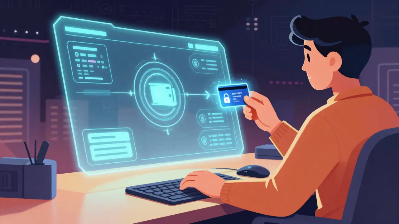 User connecting wallet to holographic dashboard in retro-futuristic art