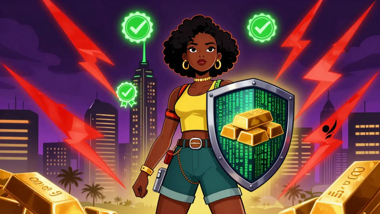 User protected by digital shield against crypto risks in futuristic Lagos