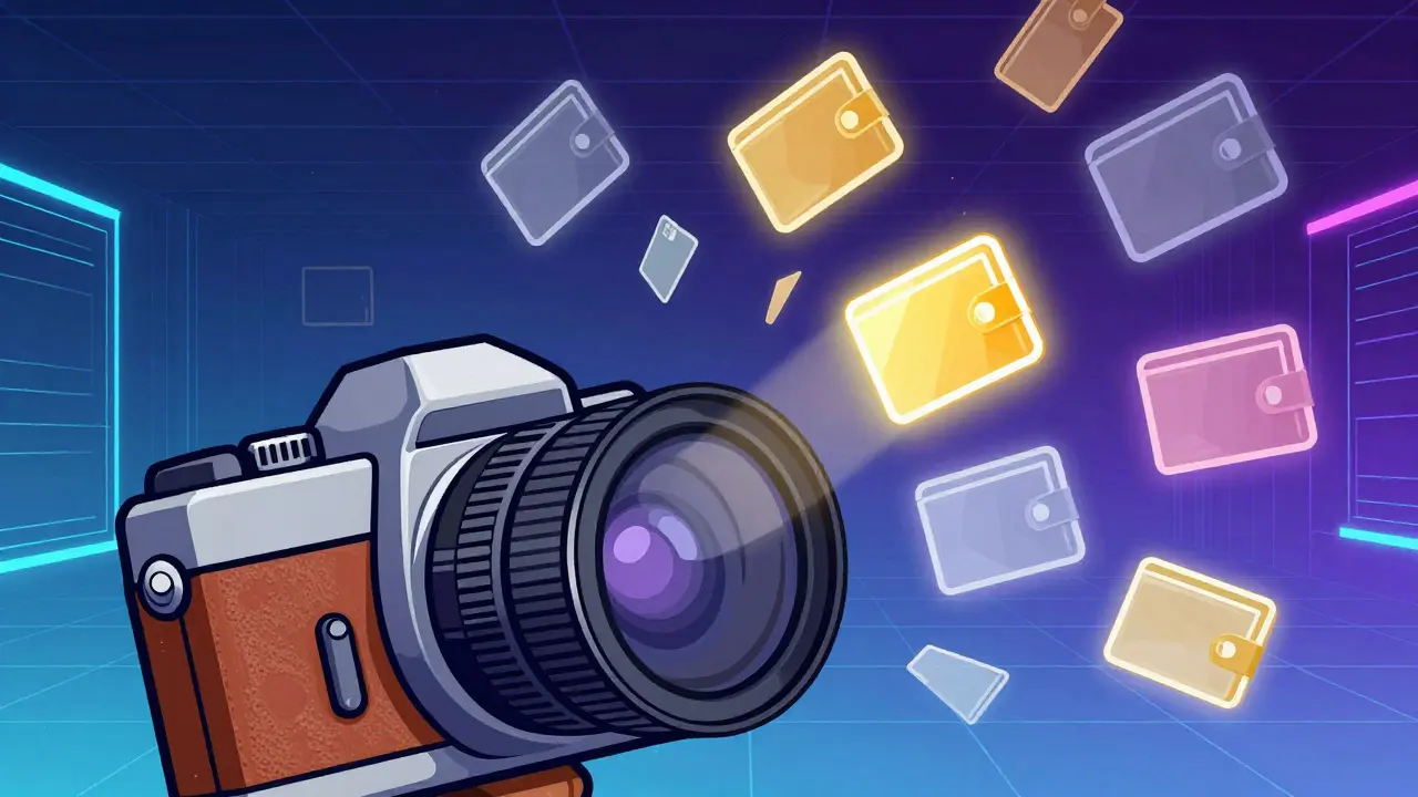 Vintage camera capturing floating crypto wallets in a digital snapshot scene