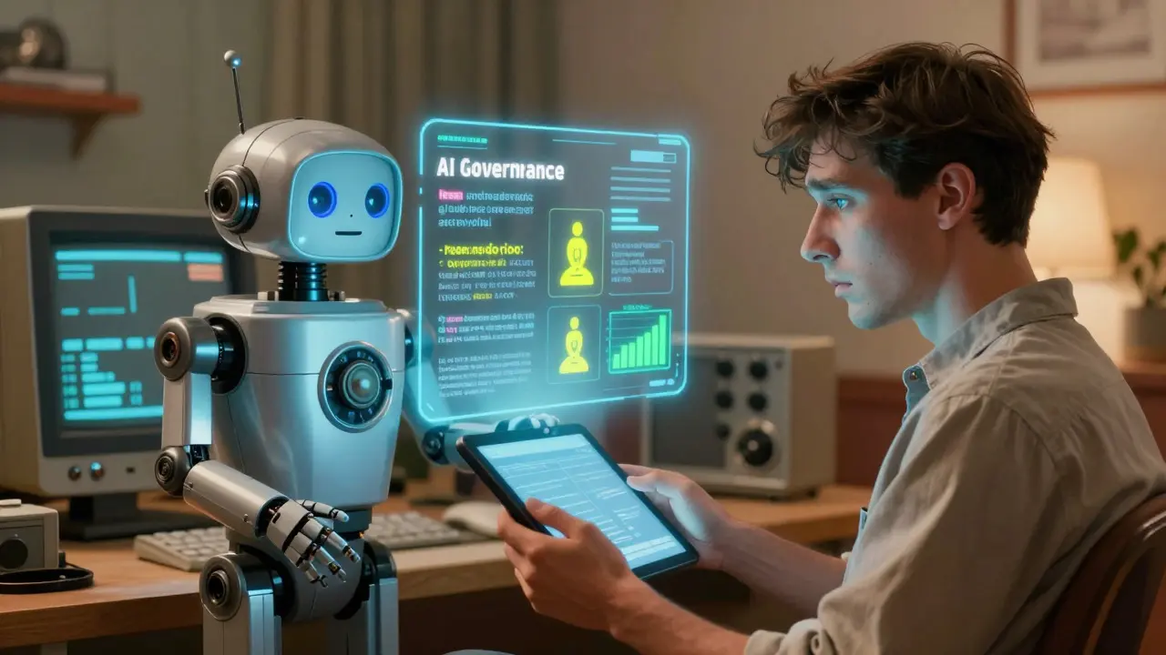 Vintage-style robot AI assistant summarizing proposals for a human voter