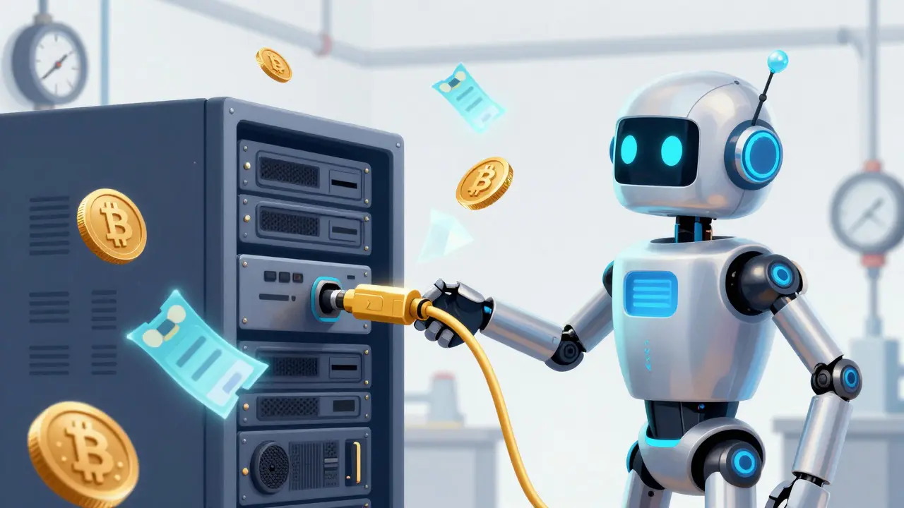 AI robot connecting crypto payment systems in a stylized lab setting