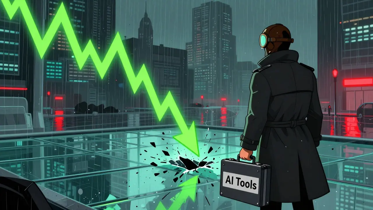 Anonymous figure with empty AI briefcase as a neon stock chart crashes downward