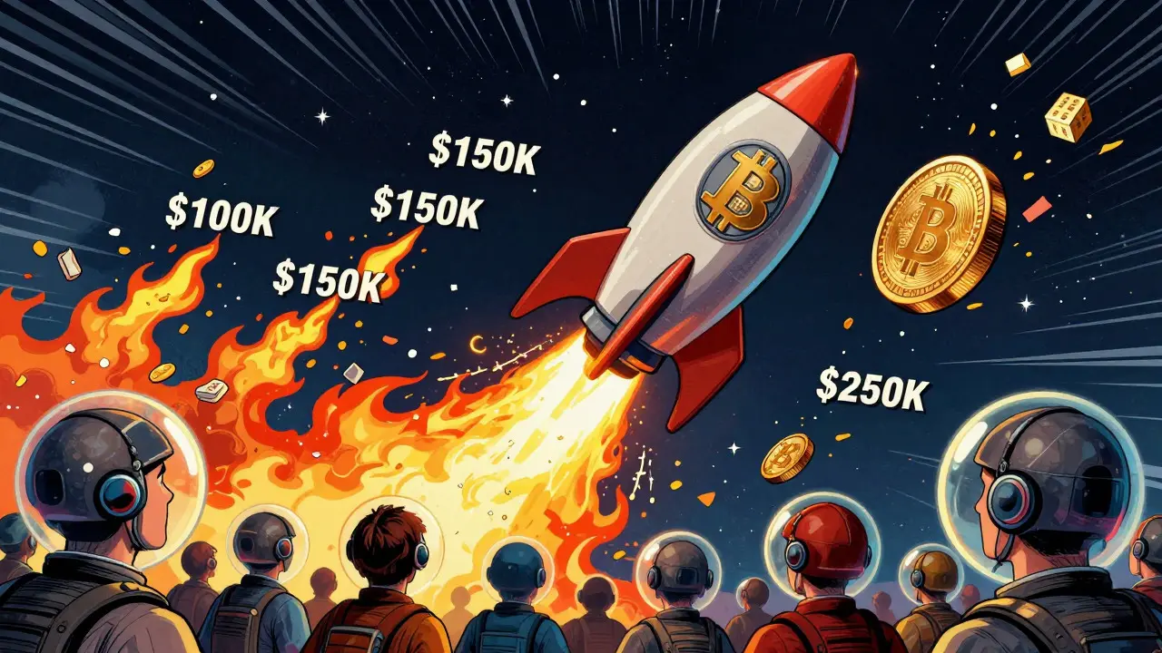 Bitcoin rocket launching past price milestones with token rewards in cartoon style