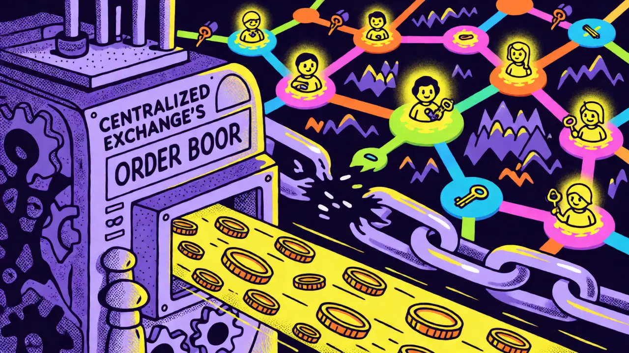 Cartoon depiction of a cracked central machine versus a decentralized node network highlighting security and liquidity risks.