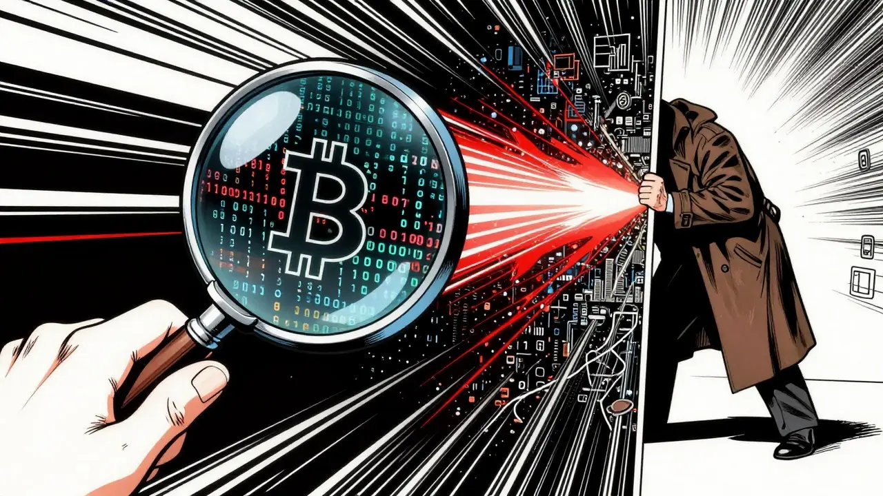 Cartoon of a magnifying glass revealing blockchain data trails against a dark, chaotic background