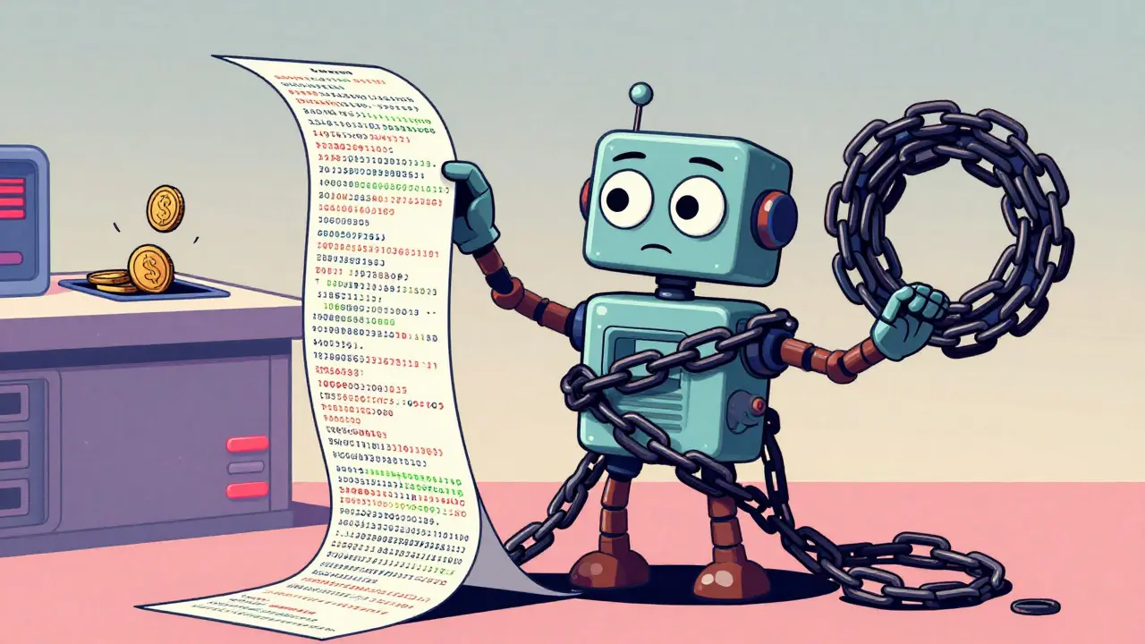 Cartoon robot holding tangled code versus a neat loop, illustrating crypto key safety concepts.