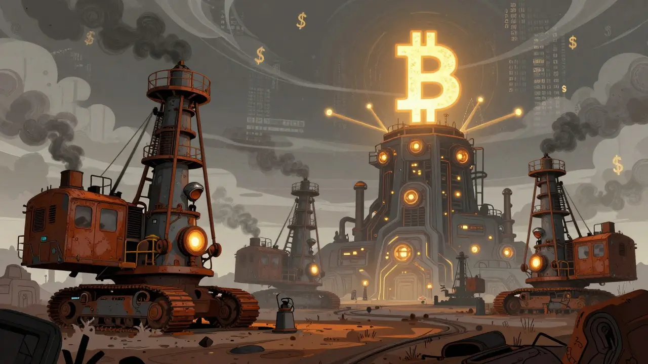 Cartoon view of mining rigs transitioning under a glowing institutional tower