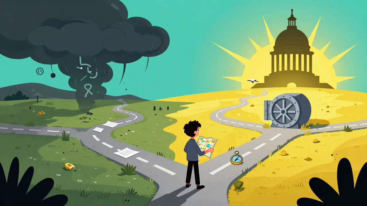 Character choosing between a risky path and a secure vault under a looming shadow