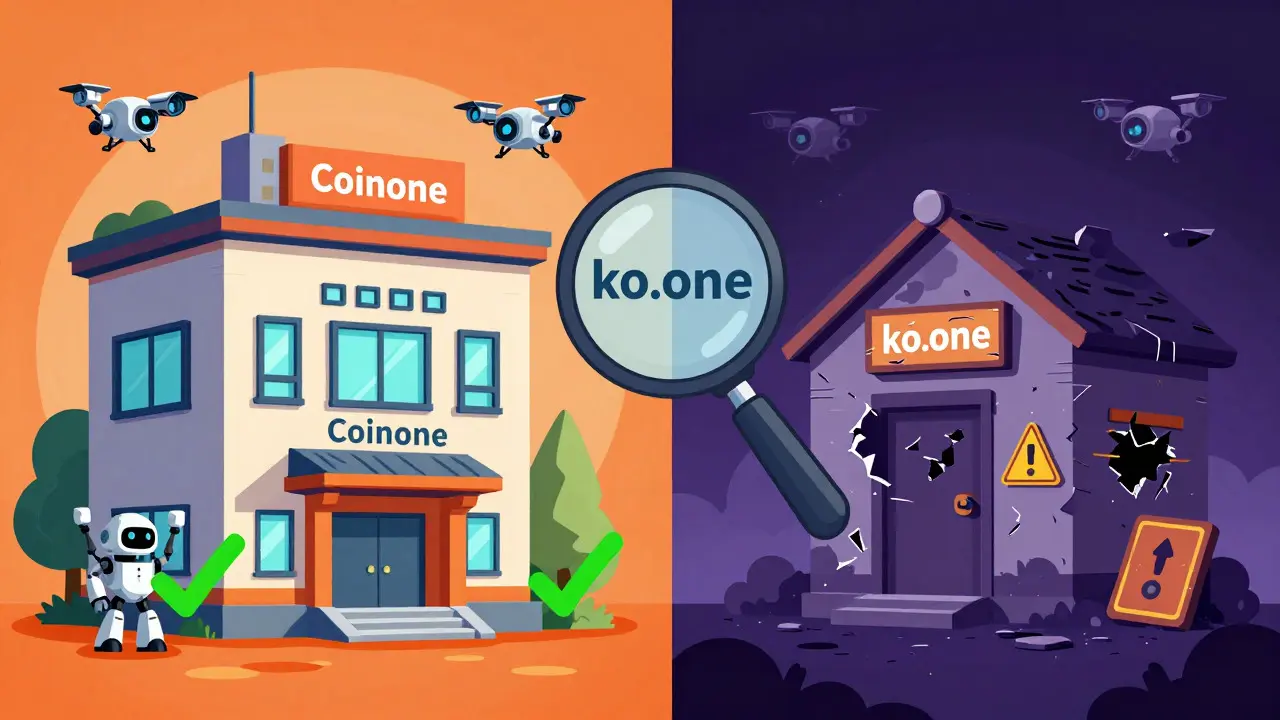 Comparison of safe Coinone exchange vs shady ko.one site in retro cartoon style
