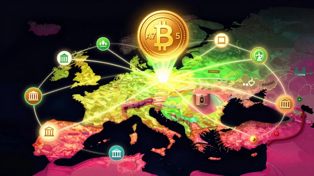 Conceptual art showing a digital token network bypassing traditional banks via hidden connections
