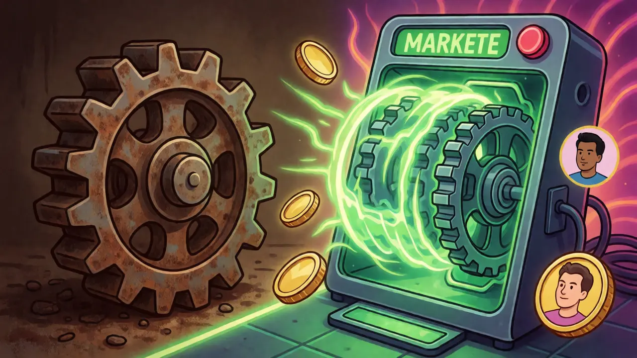 Contrast between a rusty idle gear and a dynamic glowing AMM machine.